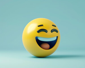 A minimalist 3D  of a single yellow laughing emoji on a solid light blue background.