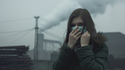 Person with obscured face, industrial backdrop
