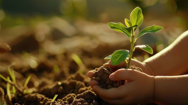 On World Environment Day let s show our love for nature by planting trees and nurturing them like we do with a young green plant that child hands carefully hold Seedlings sprout from rich so