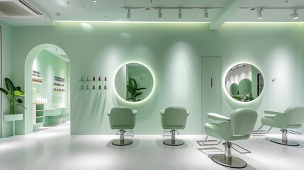 Chic hair salon with a soft pastel green wall, captured in a stylish, professional manner