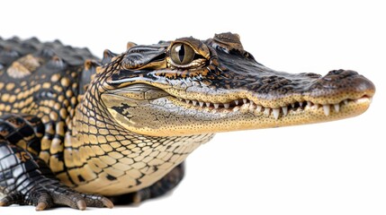 Fototapeta premium Detailed close up smiling crocodile in high quality photography on white background