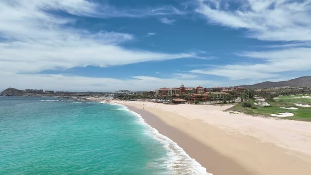 Aerial view of tropical beach with resorts in Cabo San Jose, Baja California Sur, Mexico