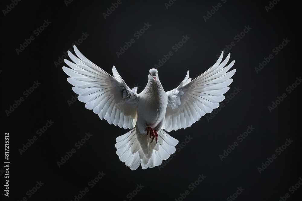 Wall mural a white dove with open wings flying on a black background - Wall murals