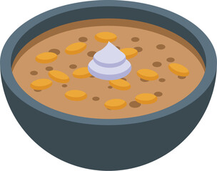 Isometric vector of a bowl with creamy pumpkin soup, topped with seeds and a dollop of cream