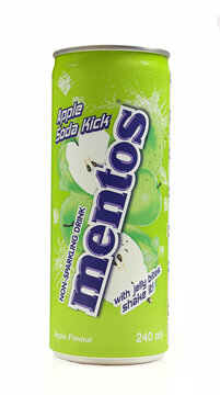 mentos apple soda kick juice can isolated on white background