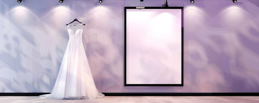 Boutique bridal studio with one large blank poster in an elegant black frame, illuminated by spotlights on a soft lavender wall, for wedding dress promotions or bridal events.