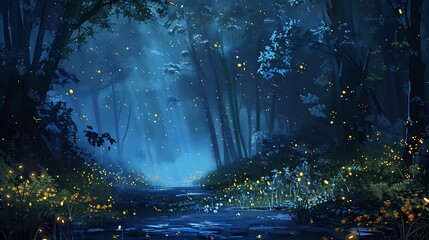 A tranquil forest glade illuminated by the soft glow of fireflies, with a canopy of stars twinkling overhead.