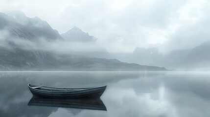 A tranquil mountain lake shrouded in mist, with a solitary rowboat drifting silently across its glassy surface.