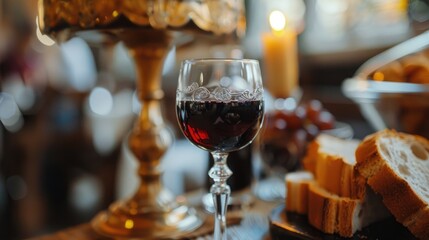 Partaking in holy communion at church involves sipping red wine from a glass cup and consuming...