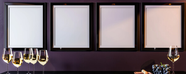 Boutique wine shop with four blank posters in elegant black frames, highlighted against a dark violet wall, perfect for wine tasting promotions or specialty wine events.
