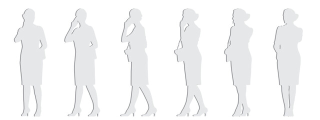 Vector concept conceptual gray paper cut silhouette of an elegant woman talking on the phone from different perspectives isolated. A metaphor for casual, fashion, relaxation, leisure and lifestyle