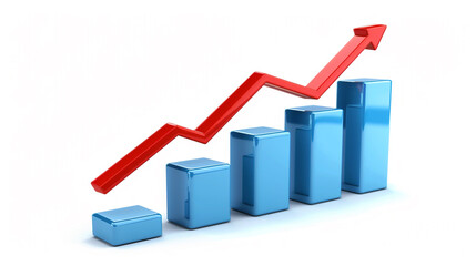 A red arrow atop a blue bar graph signifies upward business growth or stock market ascent.