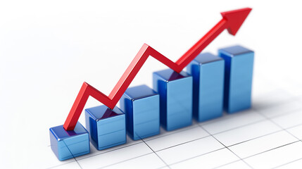 A red arrow atop a blue bar graph signifies upward business growth or stock market ascent.