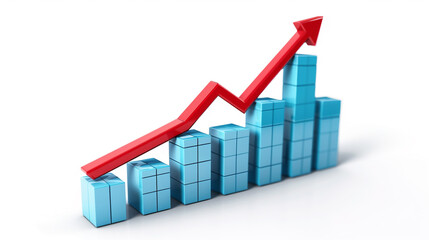 A red arrow atop a blue bar graph signifies upward business growth or stock market ascent.