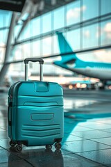 Solo Travel Suitcase in Airport Terminal With Airplane View