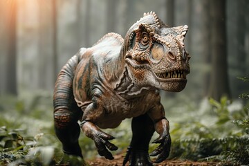 In a forest exhibition, a monstrous, lifelike dinosaur sculpture evokes ancient, dangerous wildlife.