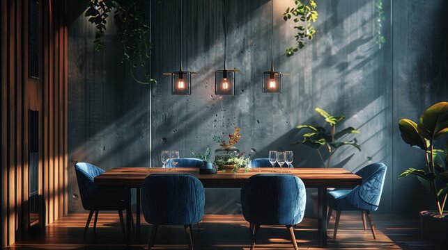 Salle &agrave; manger avec table en bois sombre, chaises en velours bleu et suspension design