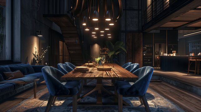 Salle &agrave; manger avec table en bois sombre, chaises en velours bleu et suspension design