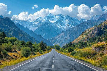 A scenic highway winds through mountain ranges, offering breathtaking views of nature and snowy peaks.