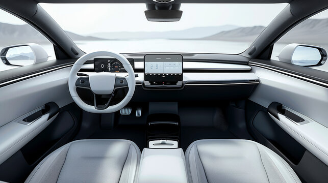 The interior of the car is designed, cleanly, with a large screen in the center of the dashboard, a simple round steering wheel and a low back seat made of light gray fabric. Generative AI.