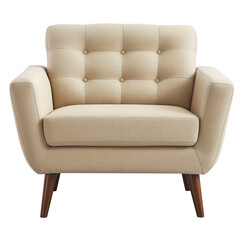 Fototapeta premium A comfortable beige armchair that stands out against a white background. An element of interior design