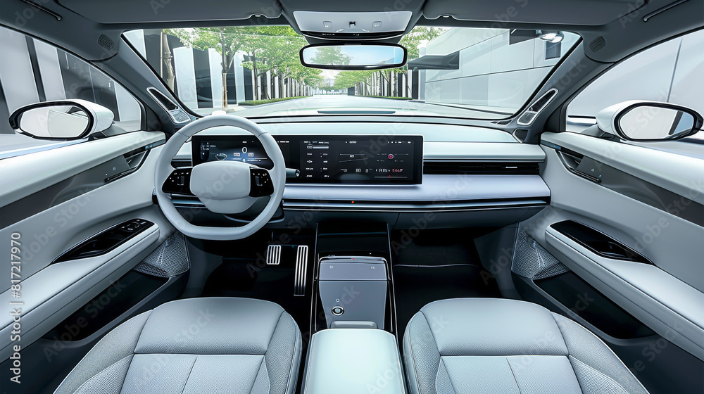 Poster the interior of the car is designed, cleanly, with a large screen in the center of the dashboard, a 