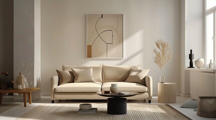 Salon minimaliste avec canapé beige, table basse en métal noir et œuvres d'art abstrait