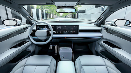 The interior of the car is designed, cleanly, with a large screen in the center of the dashboard, a...