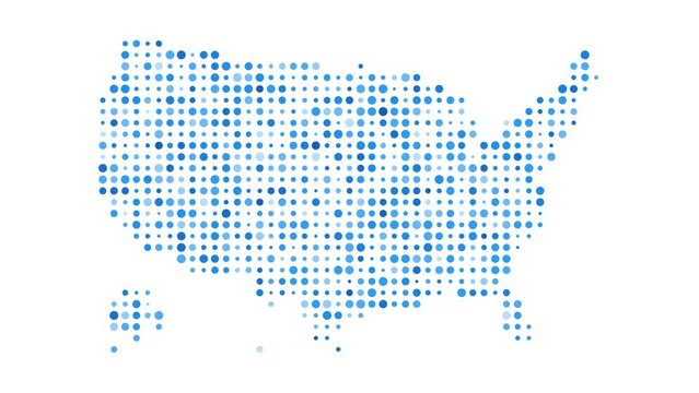 USA dotted digital map. Map of USA with pulsating colored circles. Shape of the country filled with blue disks. Stylish video.