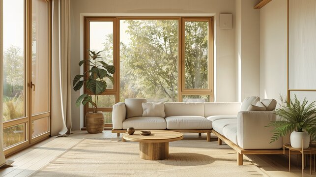 Salon scandinave avec canap&eacute; gris clair, table basse en bois fonc&eacute;, tapis beige et grandes fen&ecirc;tres lumineuses