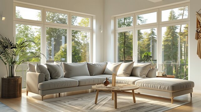 Salon scandinave avec canap&eacute; gris clair, table basse en bois fonc&eacute;, tapis beige et grandes fen&ecirc;tres lumineuses