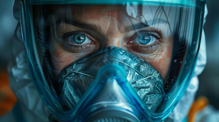 a tense atmosphere with eerie blue lighting as a researcher in a biohazard suit analyzes a virus sample, close-up shots emphasizing the intensity in the mask and eyes.