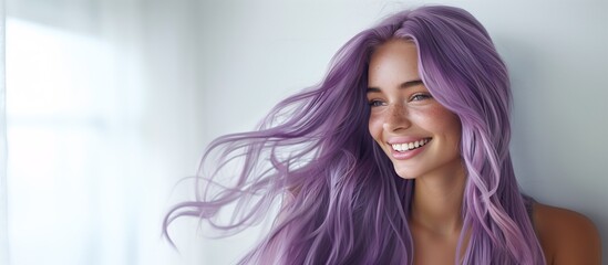 A beautiful caucasian woman showcasing long, smooth, and shiny purple hair, advertising for hair dye products, hair care, white solid color background, copy space. - Powered by Adobe