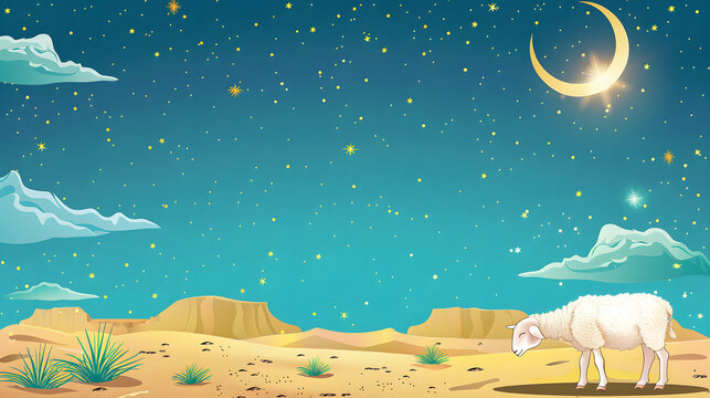 Eid-al-Adha vector illustration with crescent, stars and desrt background with lamb and copy space.