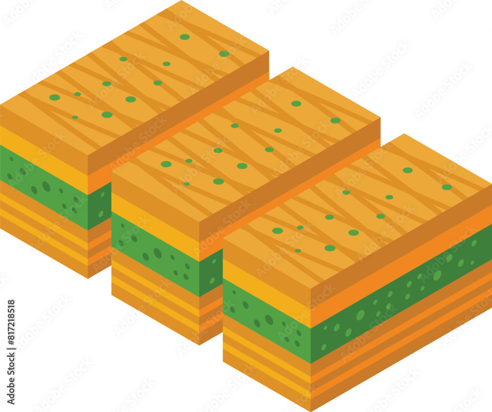 Wall mural vibrant isometric vector design of traditional baklava with layers and pistachio topping