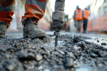 Fototapeta premium A man is using a jackhammer to break up the ground. Concept of hard work and labor, as the man is focused on his task
