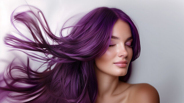 A beautiful caucasian woman showcasing long, smooth, and shiny purple hair, advertising for hair dye products, hair care, white solid color background, copy space. - Powered by Adobe