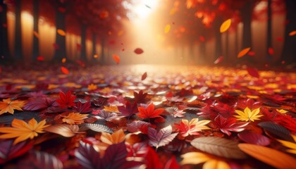 Close up ground covered with autumn leaves, with blurred trees and falling leaves in the background. Space for text.