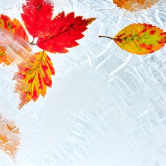 Autumn leaves frozen in ice background. Space for text.