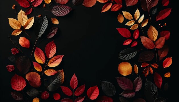 Black background autumn leaves forming a circle in vibrant shades of burgundy, deep red, orange, and yellow. Space for text.