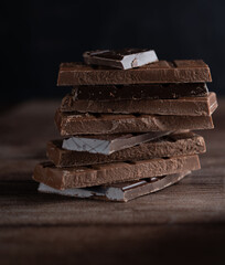 photography, chocolate, candy, food, stack, heap, ingredient, brown, block shape, piece, broken, cocoa, background, close-up, snack, chocolate bar, chunk, sweet food