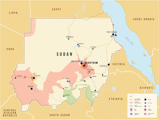 Sudan war map. Main conflict forces. Vector illustration map. Geopolitical set concept.