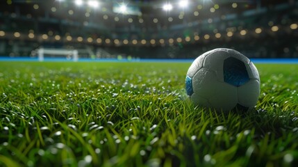 Pallone da calcio sull'erba di un campo da calcio di uno stadio all'imbrunire con luci accese