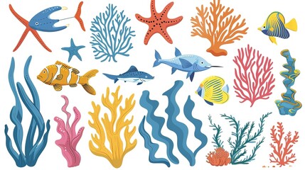 Vivid illustration of marine life: colorful fish, coral reefs and starfish in an underwater scene