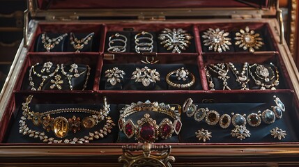 A velvet-lined safe containing exquisite necklaces, rings, and tiaras.