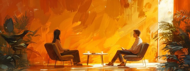 A comforting illustration of a person talking to a therapist in a cozy, welcoming environment. Warm, supportive atmosphere.
