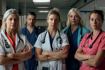 A group of medical workers, women and one man, stand in a hospital hallway with their arms crossed and serious expressions looking into the camera.