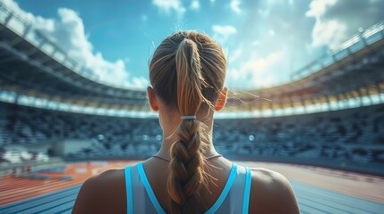 Female athlete on track, focusing intently, stadium background