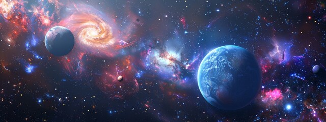 Naklejka premium A cosmic, space-themed background with stars, planets, and galaxies.