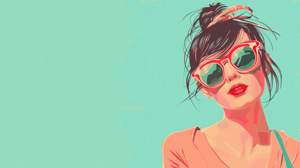 flat illustration, vintage postcard, World tourism day, portrait of a modern brunette girl in sunglasses, light green background, copy space, free space for text